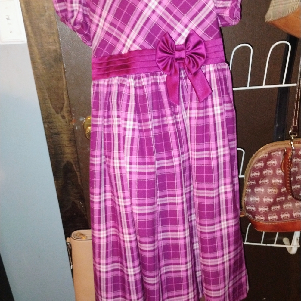 Purple Plaid Kids Dress with Bow